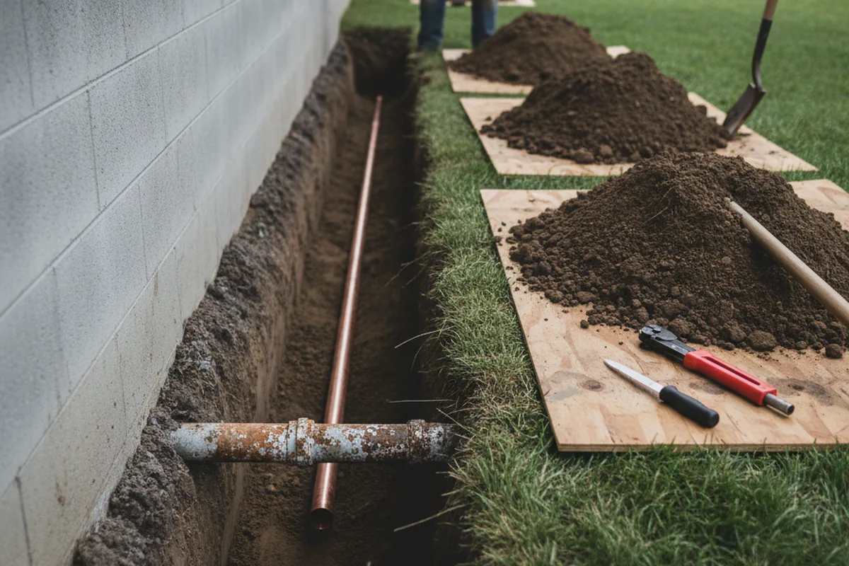 Excavated water line trench during Water Heater Repair in Villa Park